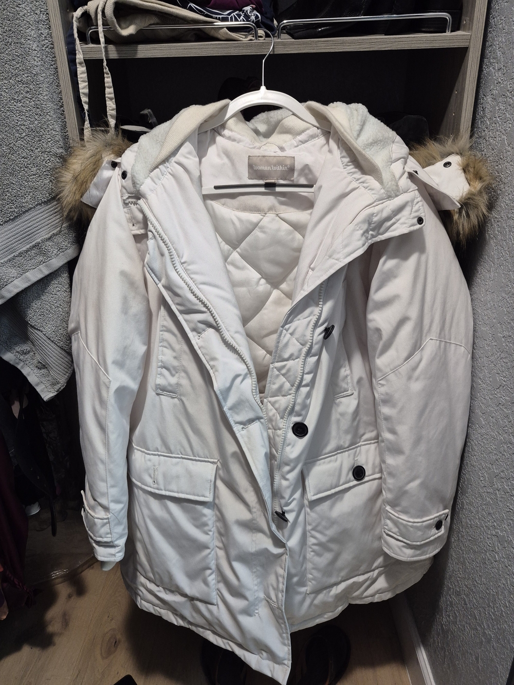 Women Within White Hooded Parka Jacket with Faux Fur Trim